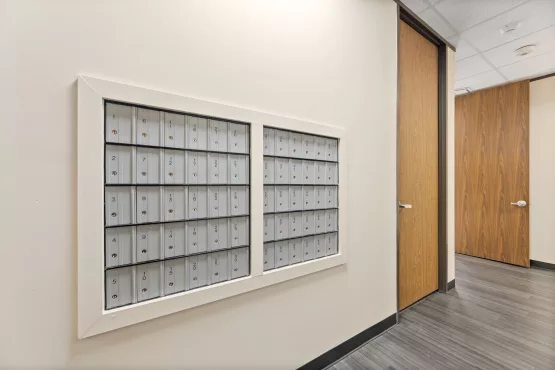 Wall of mailboxes in office building corridor