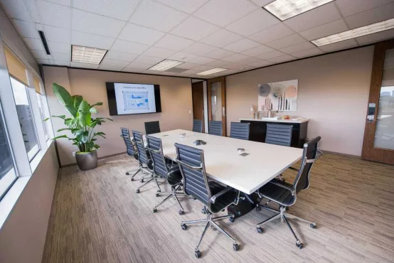 An Avalon Suites conference room featuring a white rectangular table, black leather chairs, a wall-mounted presentation screen, large potted plant, and a credenza with decorative artwork.